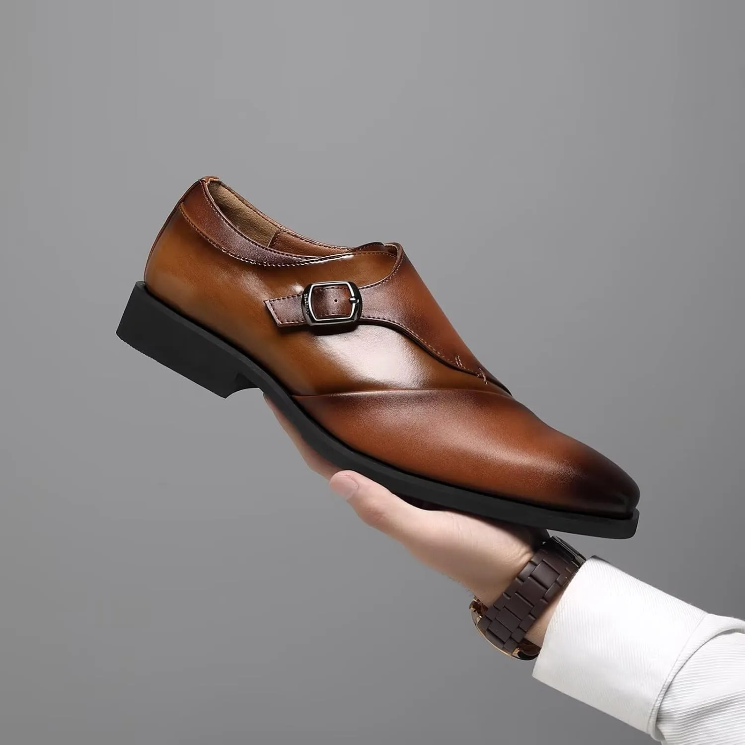 SANNAX Monk Strap Men’s Dress Loafer Shoes Plain Toe Classic Oxfords Shoes for Formal Business Wedding