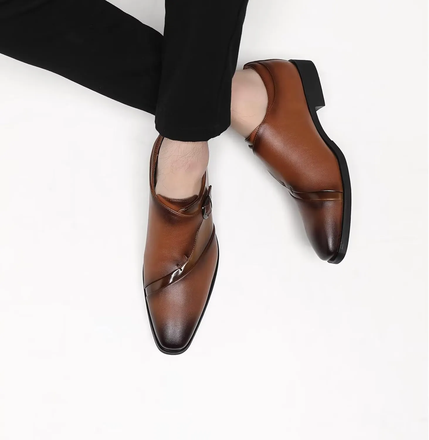 SANNAX Monk Strap Men’s Dress Loafer Shoes Plain Toe Classic Oxfords Shoes for Formal Business Wedding