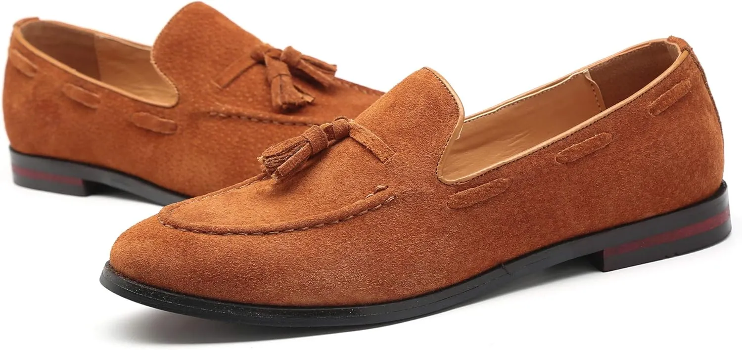 Santimon Mens Fashion Shoes Casual Dress Tassel Slip on Driving Flats Suede Loafers Black Brown Tan