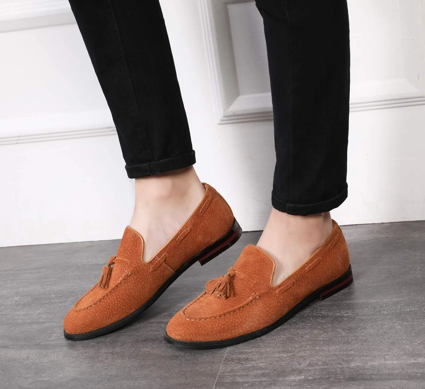 Santimon Mens Fashion Shoes Casual Dress Tassel Slip on Driving Flats Suede Loafers Black Brown Tan