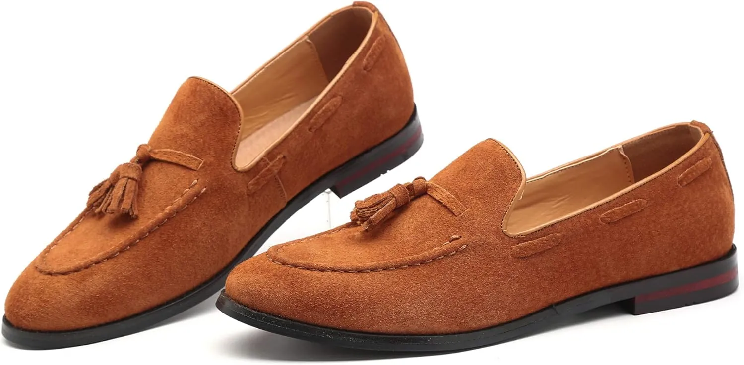 Santimon Mens Fashion Shoes Casual Dress Tassel Slip on Driving Flats Suede Loafers Black Brown Tan