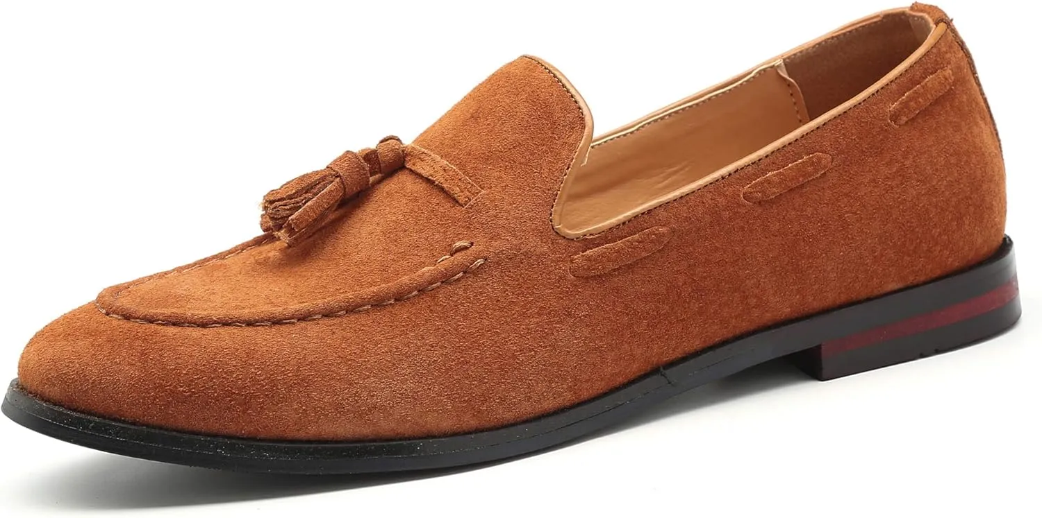 Santimon Mens Fashion Shoes Casual Dress Tassel Slip on Driving Flats Suede Loafers Black Brown Tan