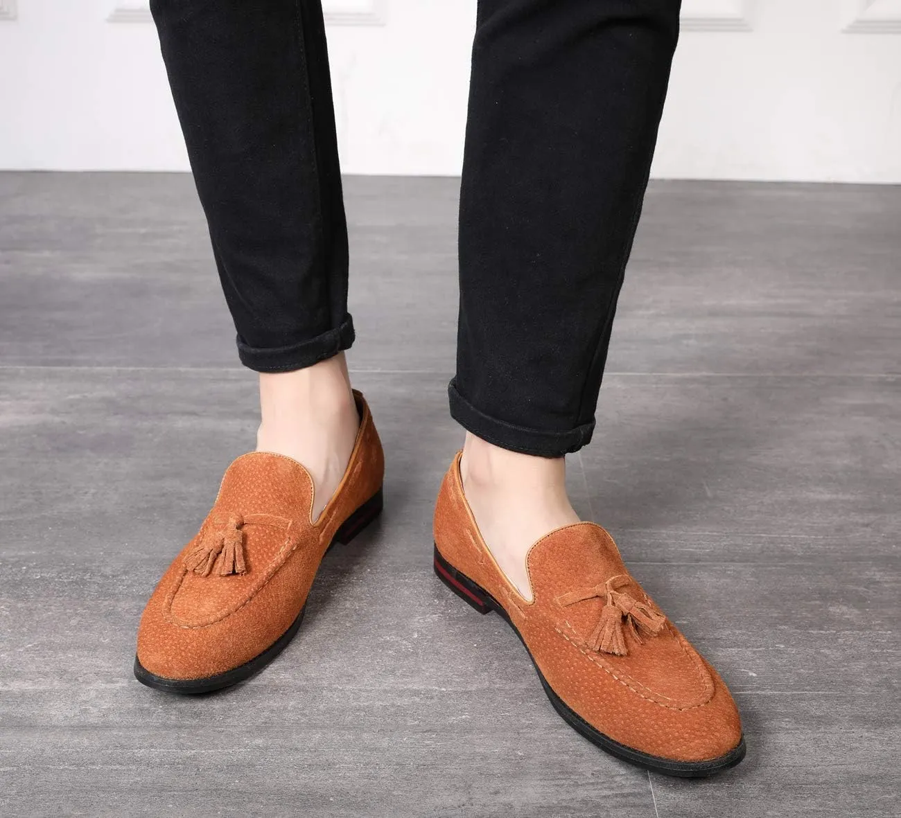 Santimon Mens Fashion Shoes Casual Dress Tassel Slip on Driving Flats Suede Loafers Black Brown Tan