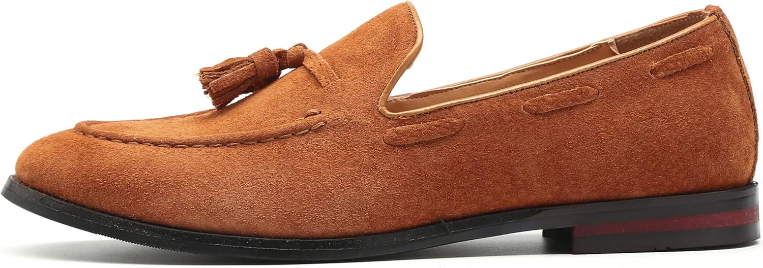 Santimon Mens Fashion Shoes Casual Dress Tassel Slip on Driving Flats Suede Loafers Black Brown Tan