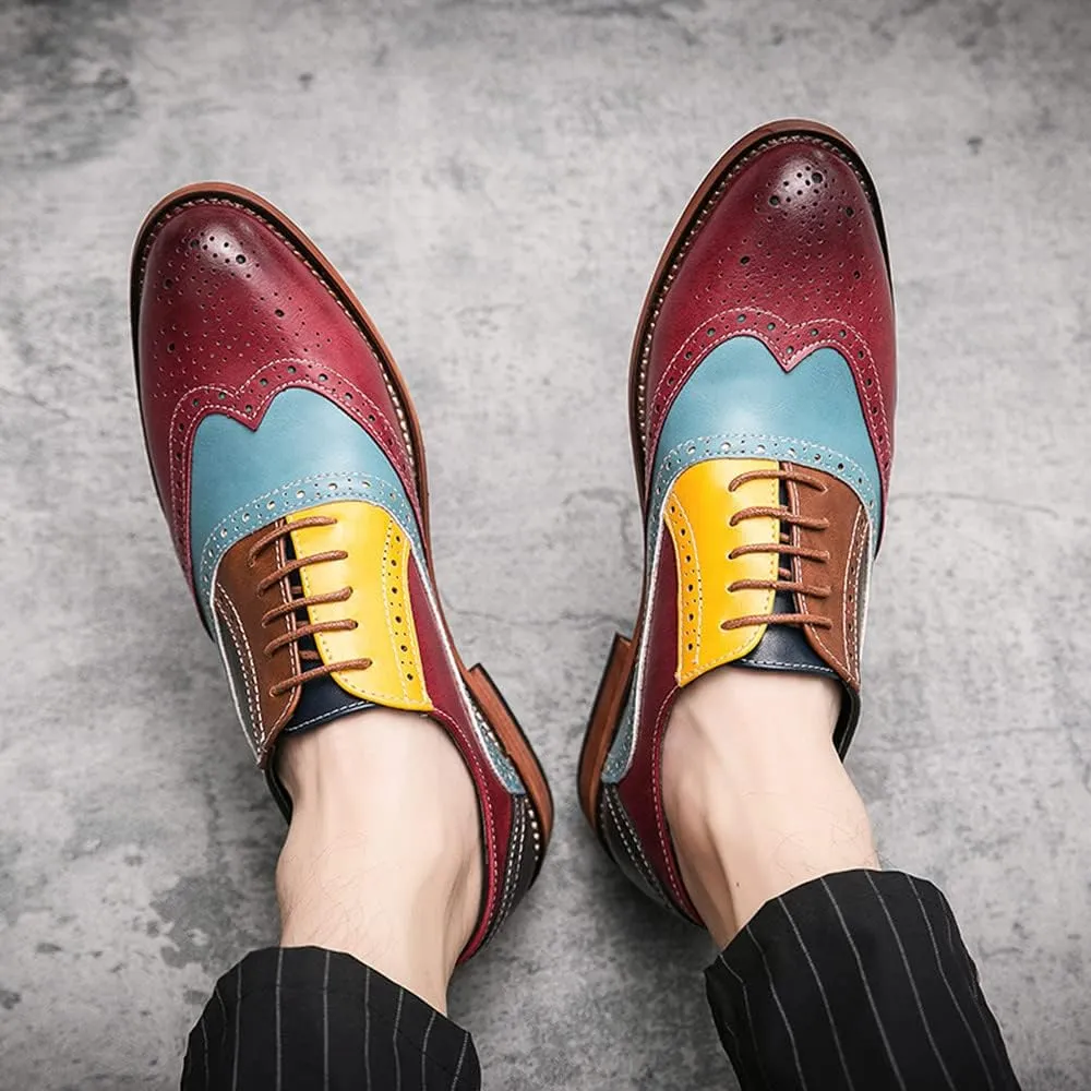 Santimon Men's Wingtip Oxfords Brogue Dress Shoes Lace-up Leather Antique Brown & Blue Italian Formal Derby Loafer Shoes