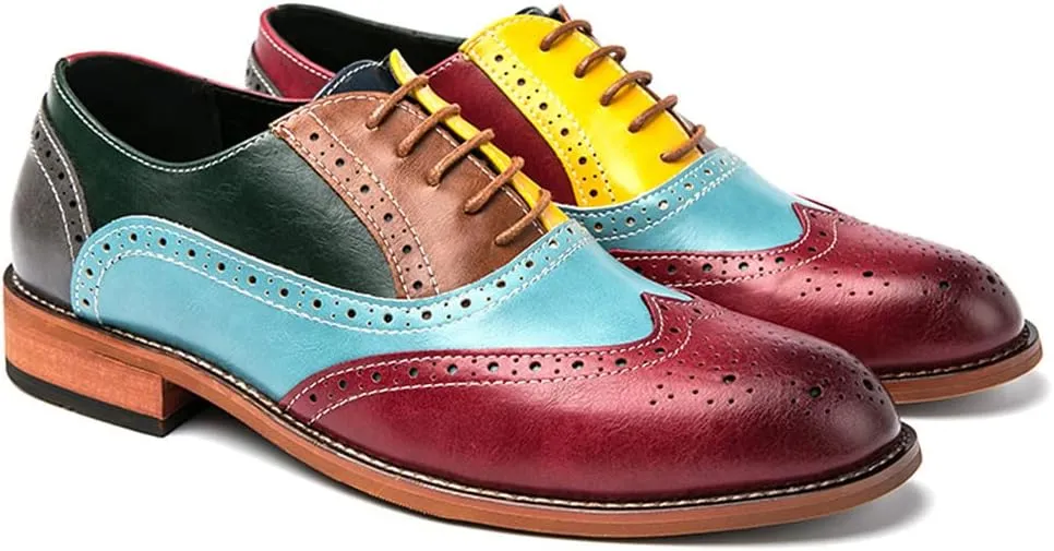 Santimon Men's Wingtip Oxfords Brogue Dress Shoes Lace-up Leather Antique Brown & Blue Italian Formal Derby Loafer Shoes