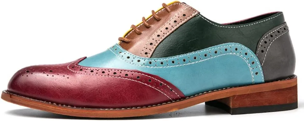 Santimon Men's Wingtip Oxfords Brogue Dress Shoes Lace-up Leather Antique Brown & Blue Italian Formal Derby Loafer Shoes