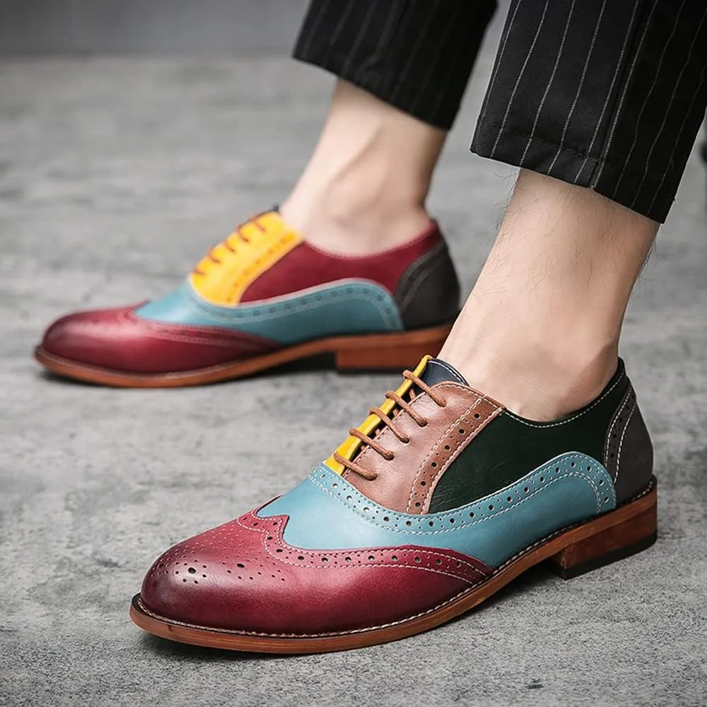 Santimon Men's Wingtip Oxfords Brogue Dress Shoes Lace-up Leather Antique Brown & Blue Italian Formal Derby Loafer Shoes