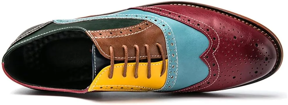 Santimon Men's Wingtip Oxfords Brogue Dress Shoes Lace-up Leather Antique Brown & Blue Italian Formal Derby Loafer Shoes