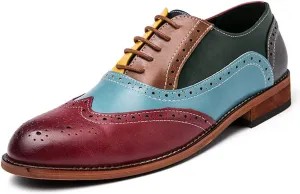 Santimon Men's Wingtip Oxfords Brogue Dress Shoes Lace-up Leather Antique Brown & Blue Italian Formal Derby Loafer Shoes