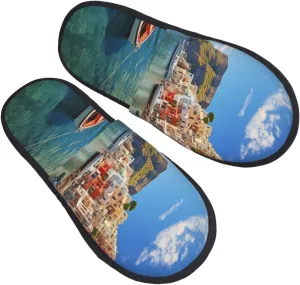 Seaside Town Furry House Slippers for Women Men Soft Fuzzy Slippers Indoor Casual Plush House Shoes Medium