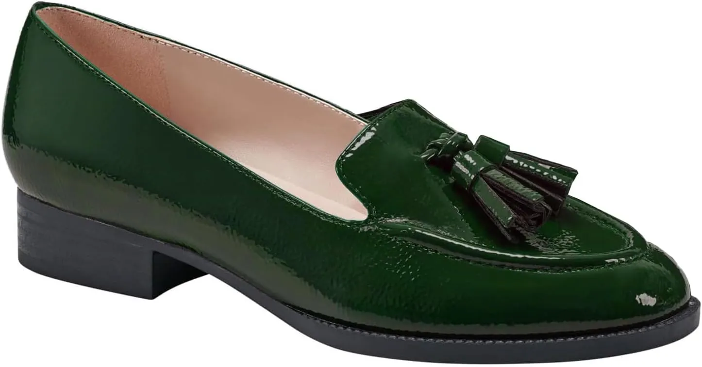SHODENSE Women Tassel Loafers Round Toe Slip On Chunky Heel Loafer Shoes Fringe Patent 1 inch Low Heel Dress Shoes with Tassels Loafer Flats Office Casual Walking Driver Loafers Comfy 4-11 M US