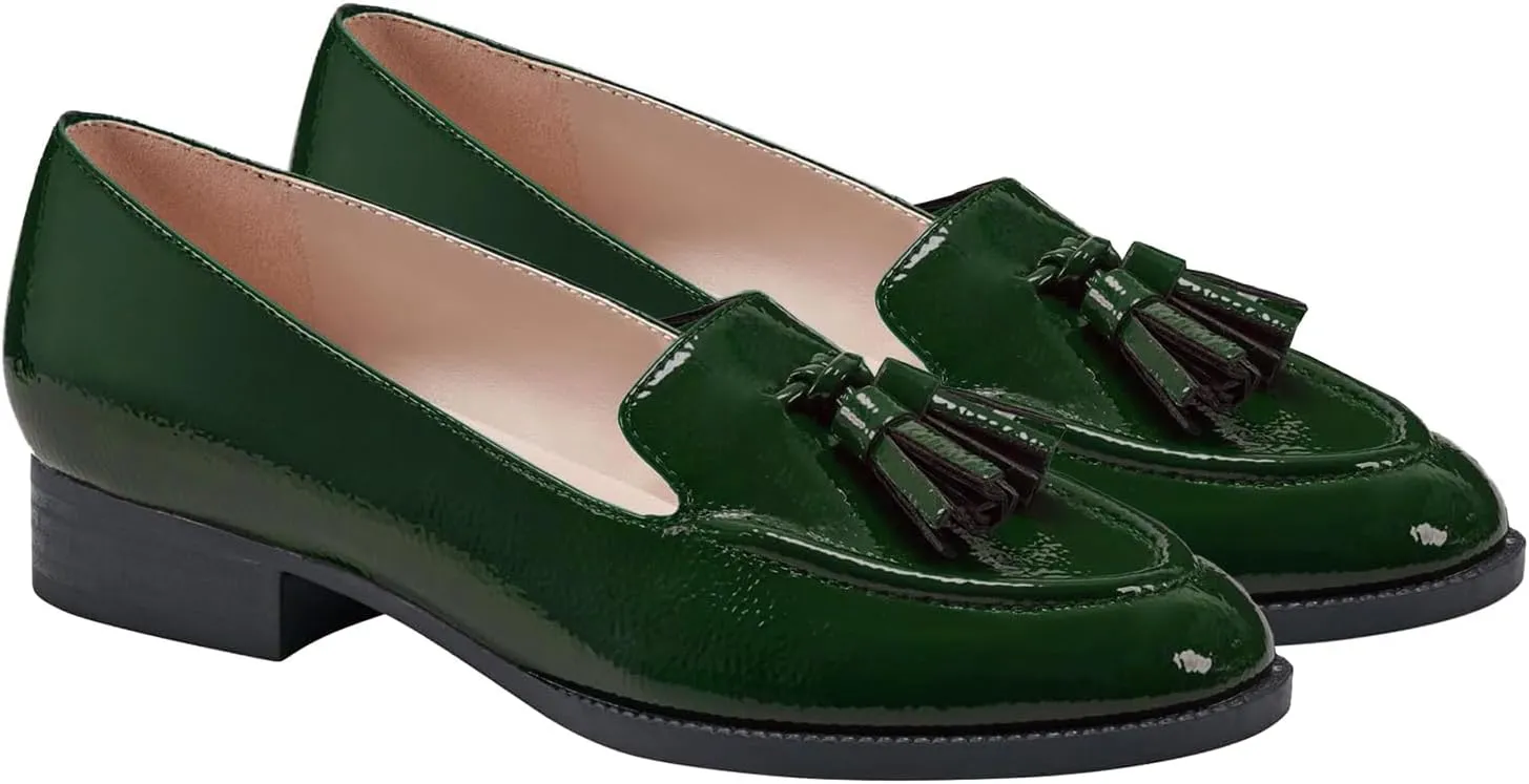 SHODENSE Women Tassel Loafers Round Toe Slip On Chunky Heel Loafer Shoes Fringe Patent 1 inch Low Heel Dress Shoes with Tassels Loafer Flats Office Casual Walking Driver Loafers Comfy 4-11 M US