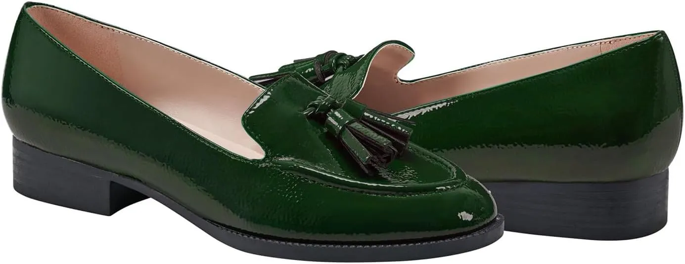 SHODENSE Women Tassel Loafers Round Toe Slip On Chunky Heel Loafer Shoes Fringe Patent 1 inch Low Heel Dress Shoes with Tassels Loafer Flats Office Casual Walking Driver Loafers Comfy 4-11 M US