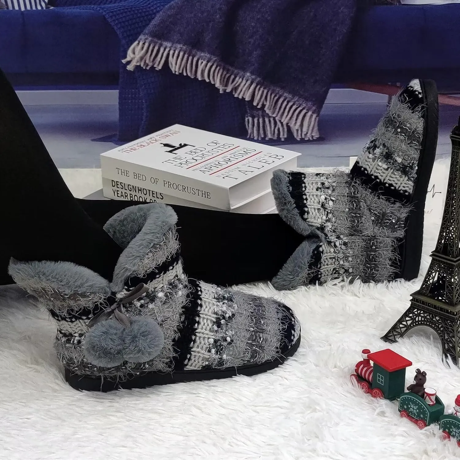 Slipper Boots Women Knit Plush Lining Winter House Shoes Memory Foam Indoor Outdoor