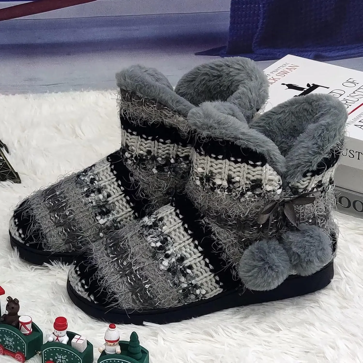 Slipper Boots Women Knit Plush Lining Winter House Shoes Memory Foam Indoor Outdoor
