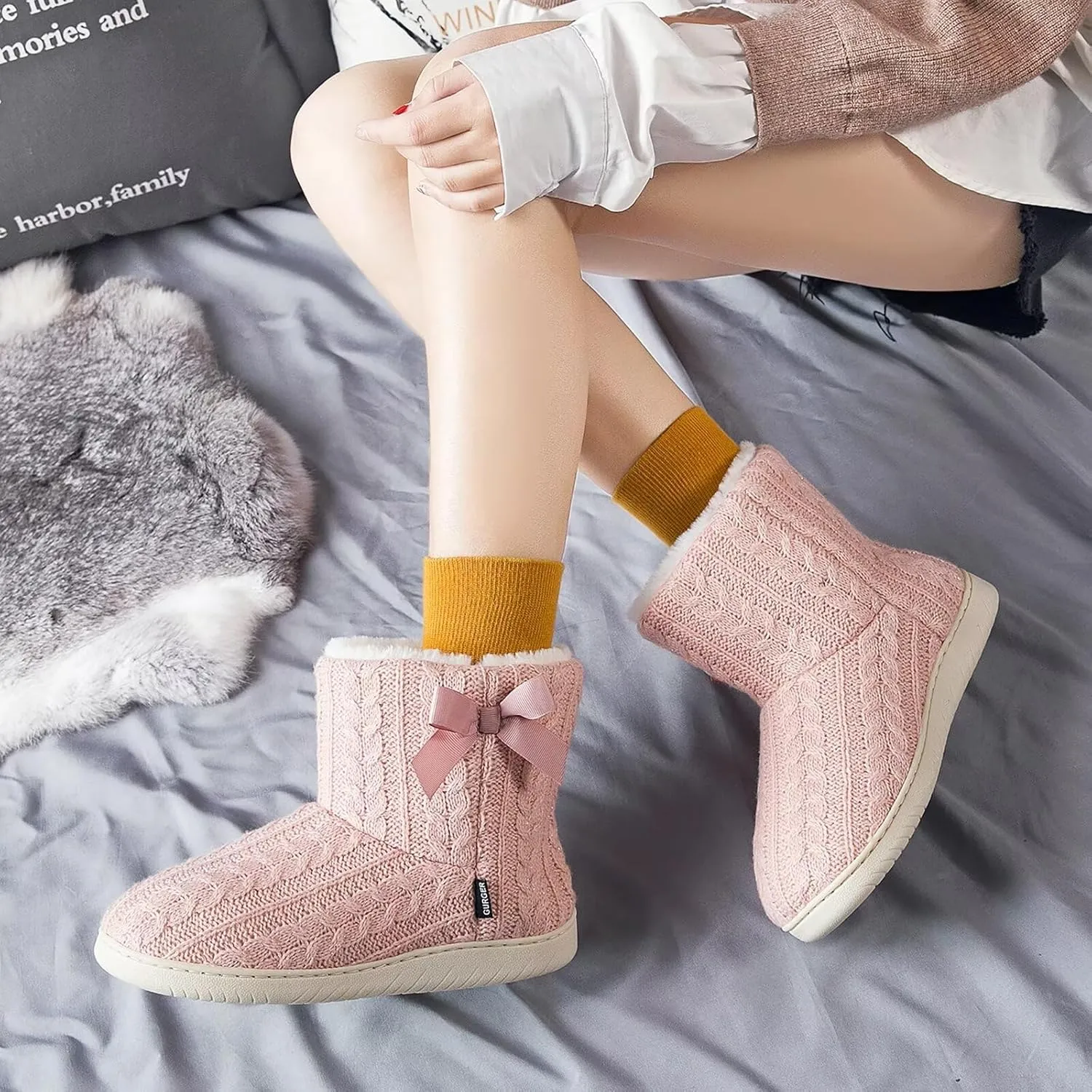 Slipper Boots Women Knit Plush Lining Winter House Shoes Memory Foam Indoor Outdoor