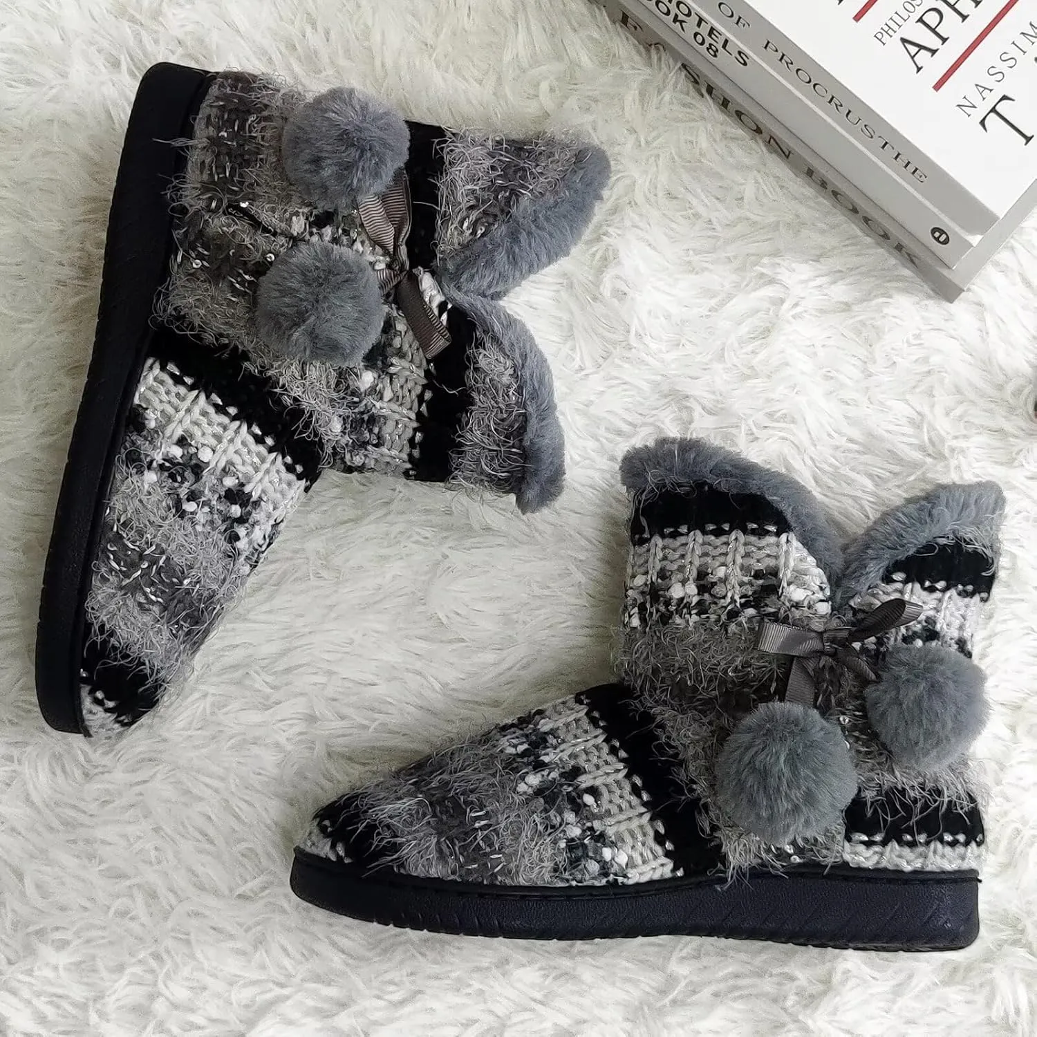 Slipper Boots Women Knit Plush Lining Winter House Shoes Memory Foam Indoor Outdoor