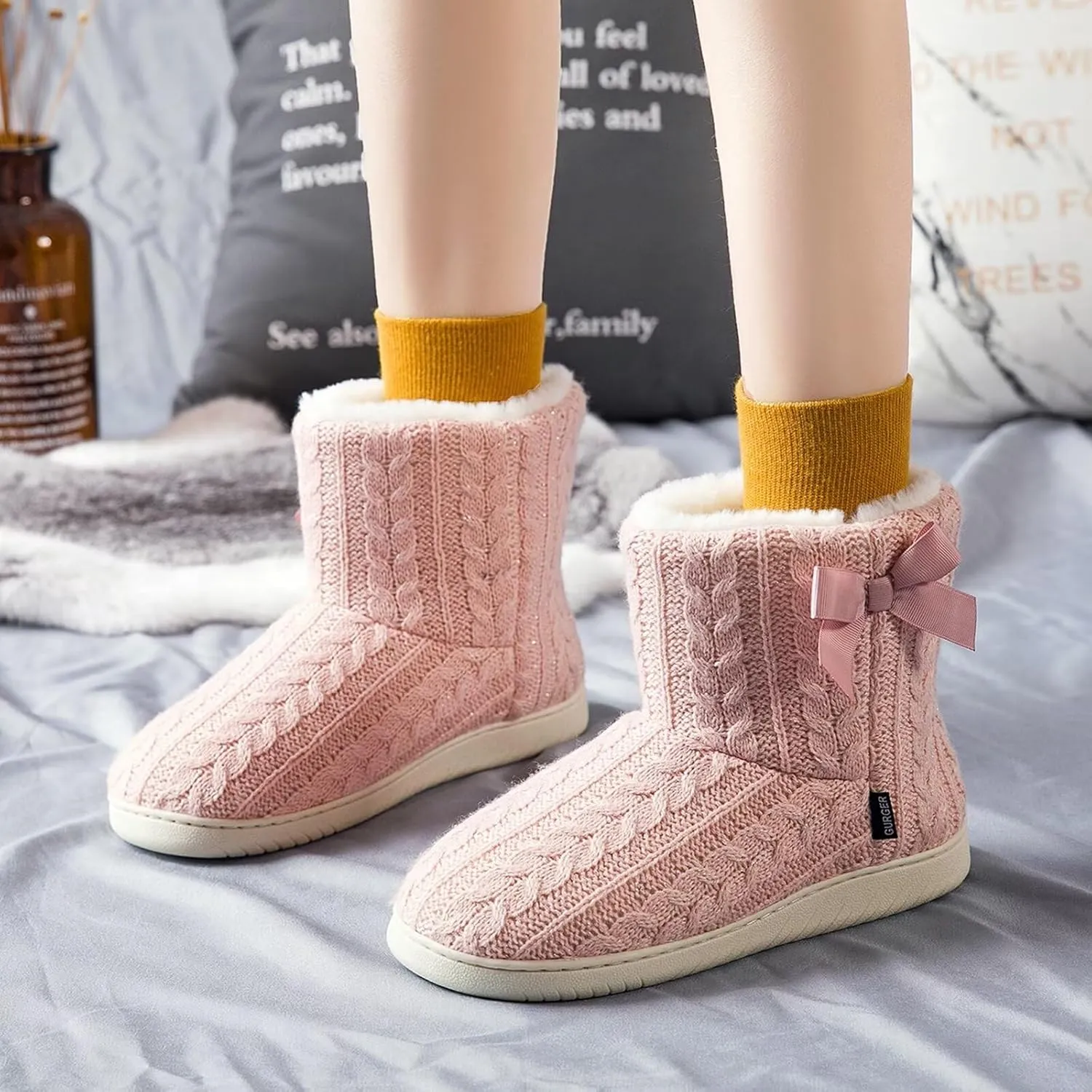 Slipper Boots Women Knit Plush Lining Winter House Shoes Memory Foam Indoor Outdoor