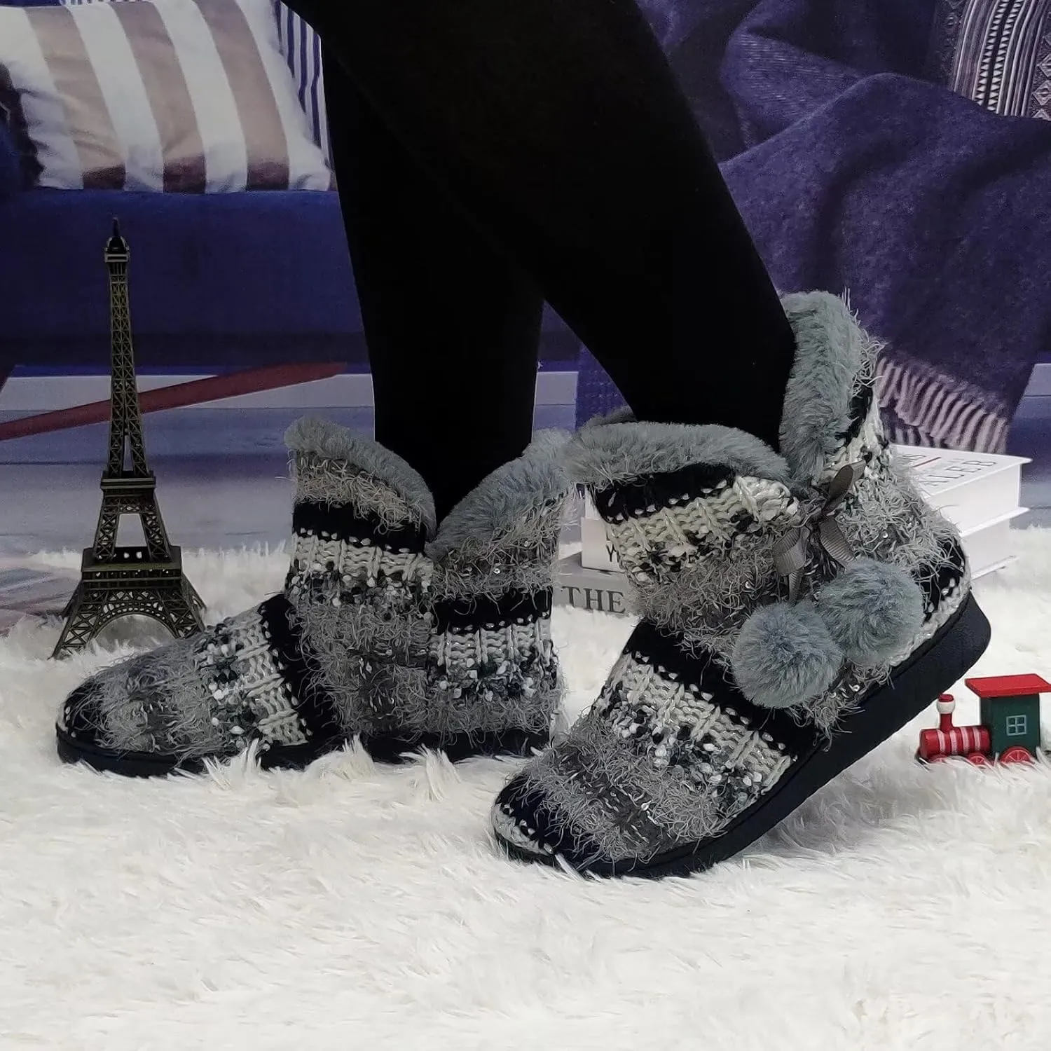 Slipper Boots Women Knit Plush Lining Winter House Shoes Memory Foam Indoor Outdoor