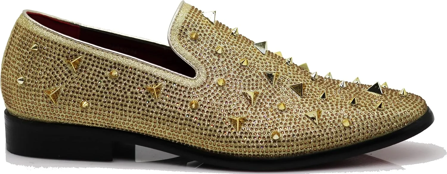 SPK24 Men Vintage Spikes Sparkle Formal Tuxedo Stage Fashion Slip On Loafer Dress Shoes