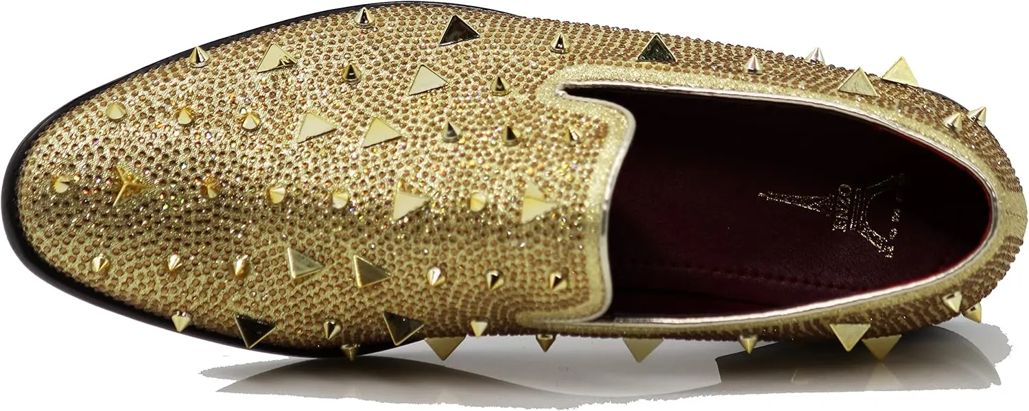 SPK24 Men Vintage Spikes Sparkle Formal Tuxedo Stage Fashion Slip On Loafer Dress Shoes