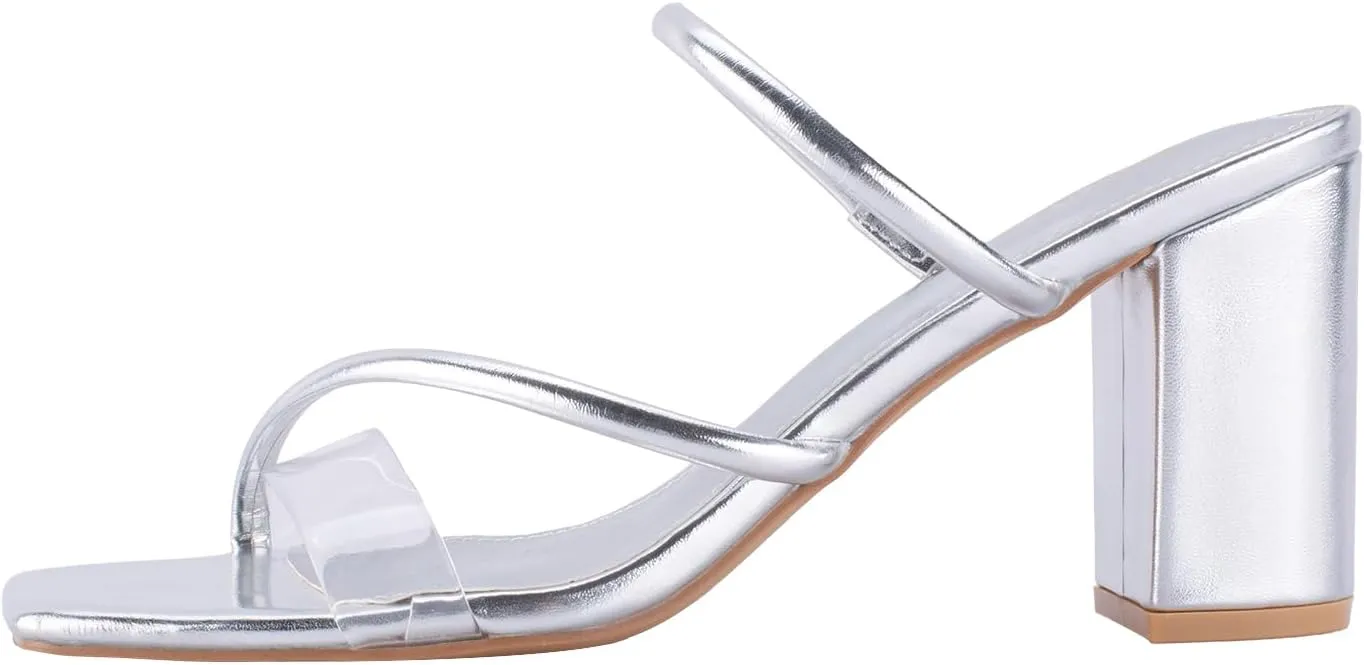 Strappy Heels for Women Mule Heeled Slip on Sandals Clear Straps Chunky Block Slides Open Square Toe Transparent Slippers