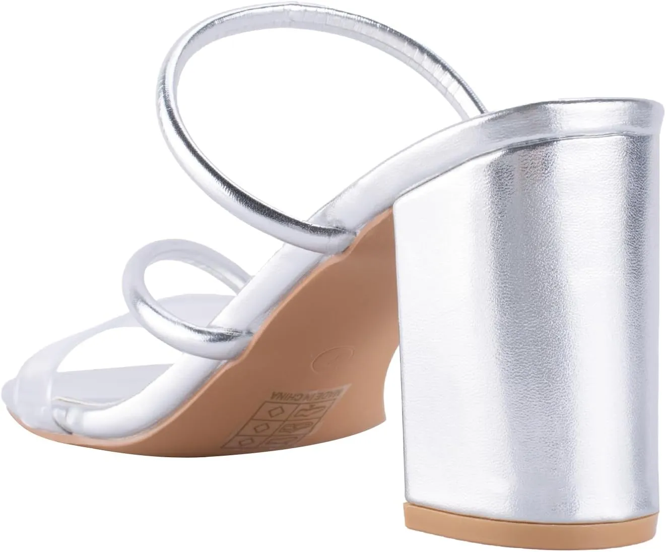 Strappy Heels for Women Mule Heeled Slip on Sandals Clear Straps Chunky Block Slides Open Square Toe Transparent Slippers