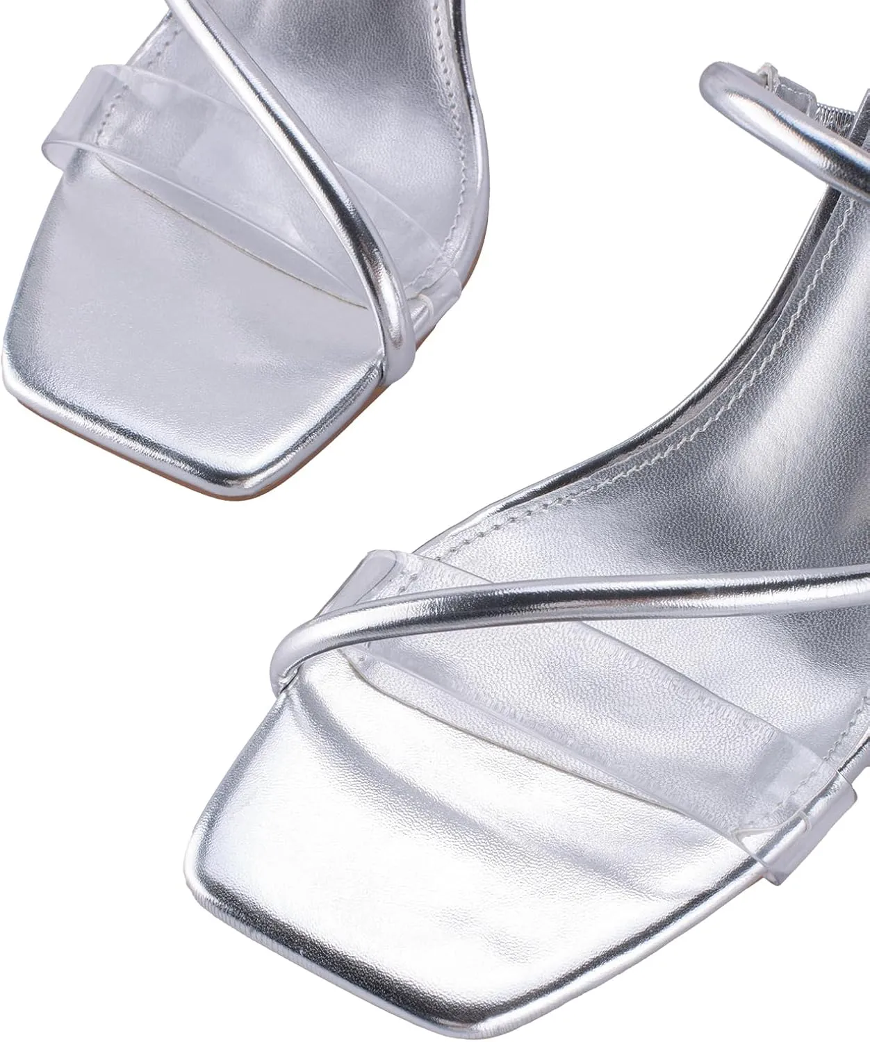 Strappy Heels for Women Mule Heeled Slip on Sandals Clear Straps Chunky Block Slides Open Square Toe Transparent Slippers