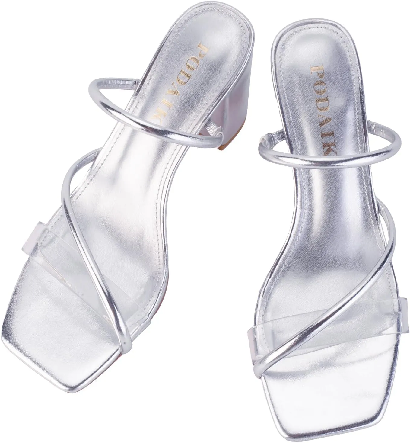 Strappy Heels for Women Mule Heeled Slip on Sandals Clear Straps Chunky Block Slides Open Square Toe Transparent Slippers