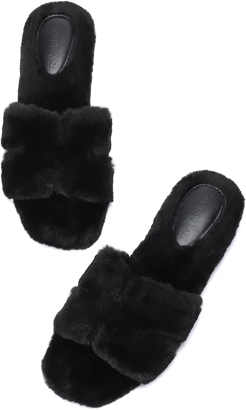 Stratuxx Kaze Womens Fur Slippers Comfy House Slide Sandals Open Toe Memory Foam Indoor Fluffy Slippers for Women