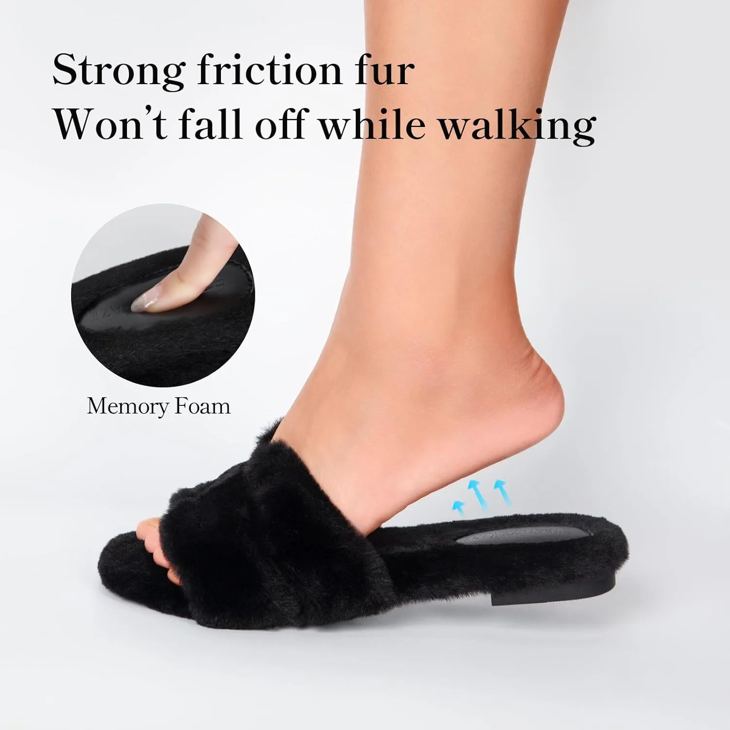 Stratuxx Kaze Womens Fur Slippers Comfy House Slide Sandals Open Toe Memory Foam Indoor Fluffy Slippers for Women