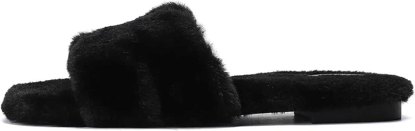 Stratuxx Kaze Womens Fur Slippers Comfy House Slide Sandals Open Toe Memory Foam Indoor Fluffy Slippers for Women
