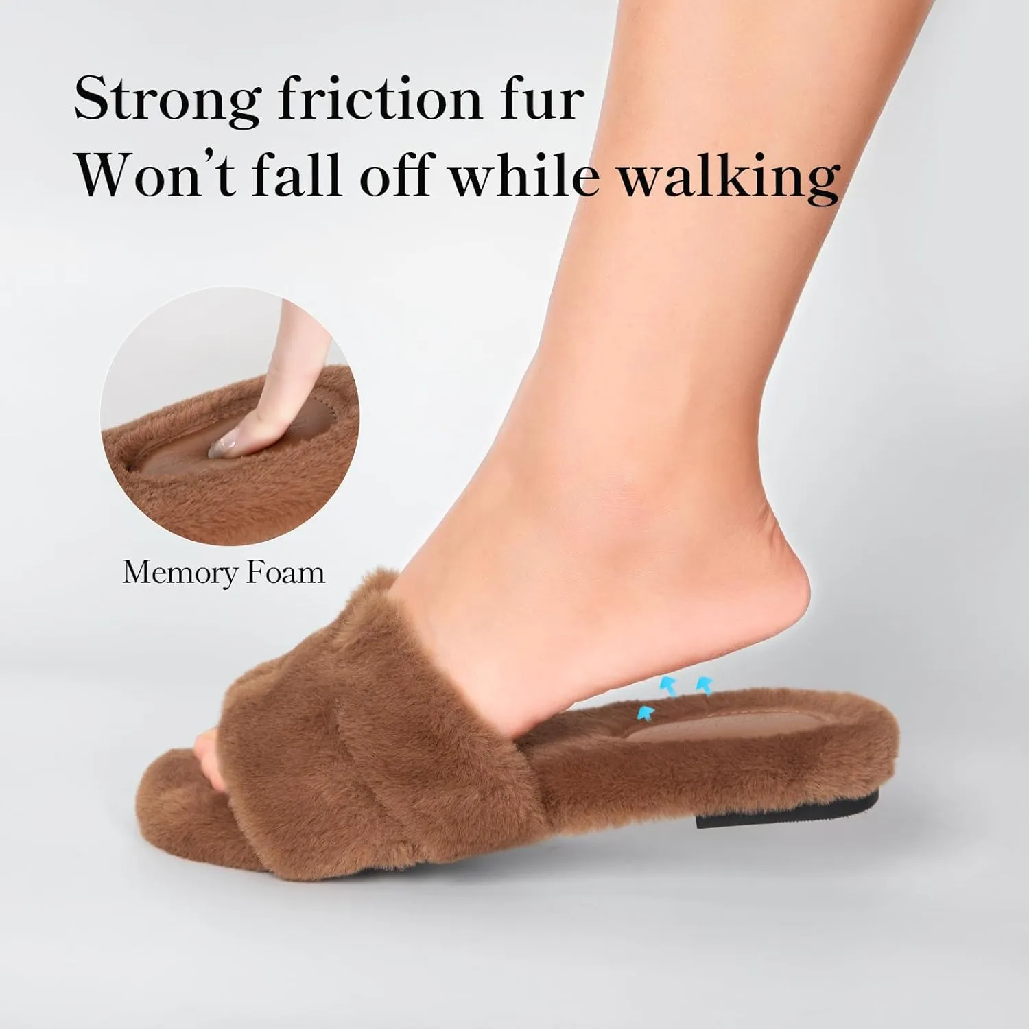 Stratuxx Kaze Womens Fur Slippers Comfy House Slide Sandals Open Toe Memory Foam Indoor Fluffy Slippers for Women