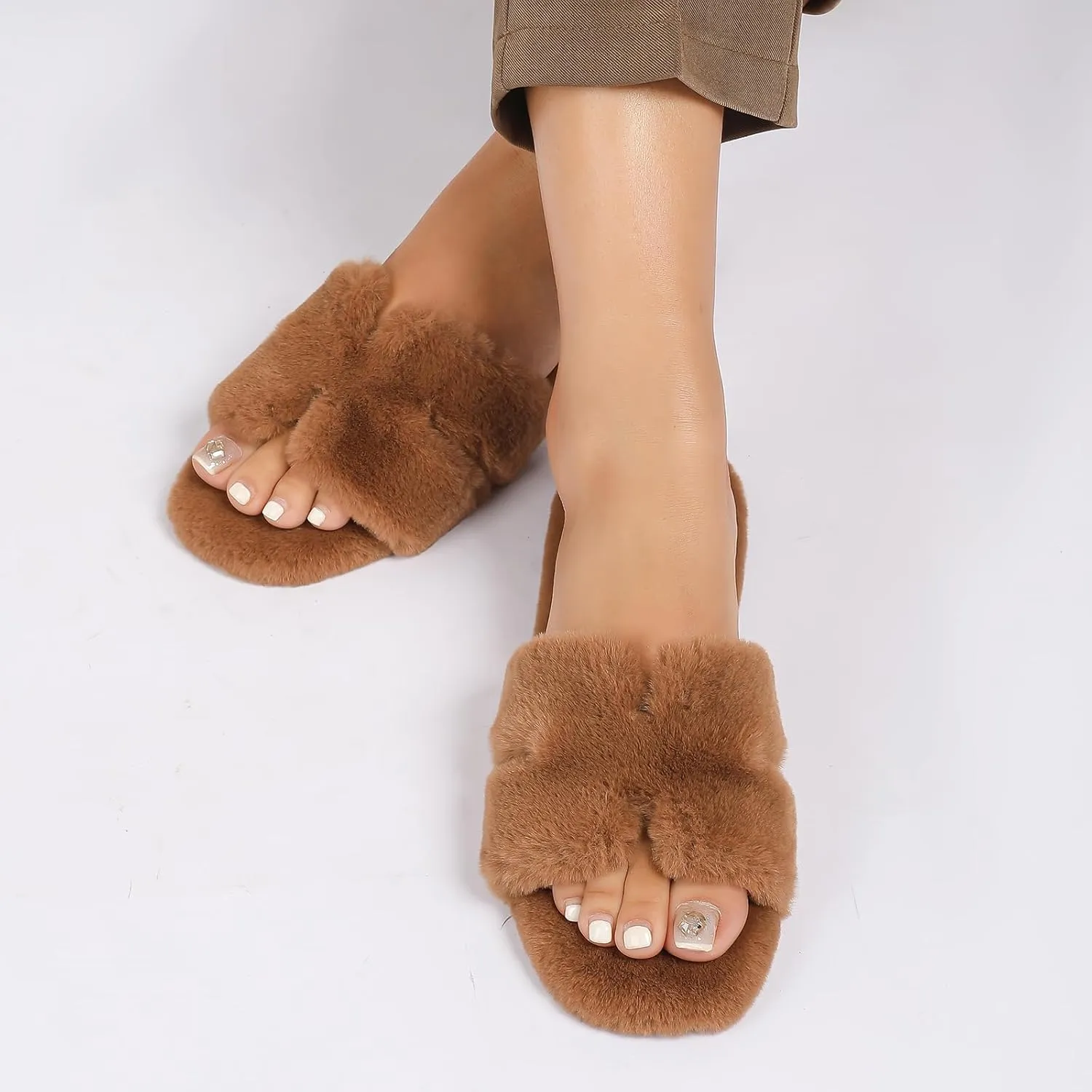 Stratuxx Kaze Womens Fur Slippers Comfy House Slide Sandals Open Toe Memory Foam Indoor Fluffy Slippers for Women
