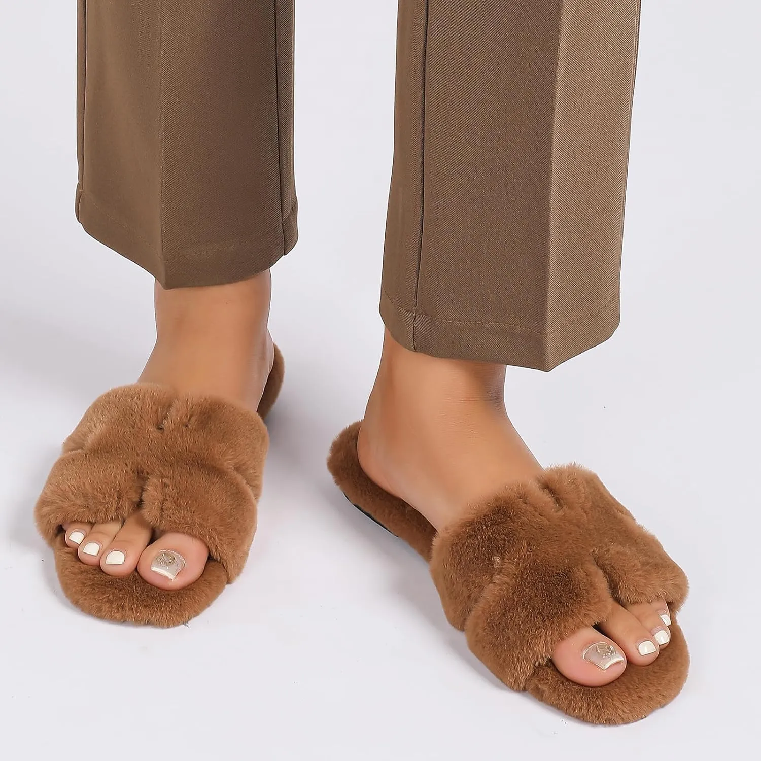 Stratuxx Kaze Womens Fur Slippers Comfy House Slide Sandals Open Toe Memory Foam Indoor Fluffy Slippers for Women