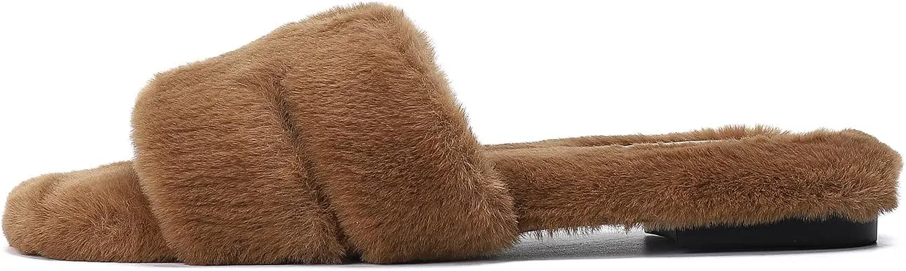 Stratuxx Kaze Womens Fur Slippers Comfy House Slide Sandals Open Toe Memory Foam Indoor Fluffy Slippers for Women