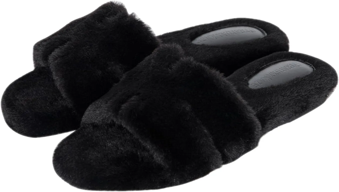 Stratuxx Kaze Womens Fur Slippers Comfy House Slide Sandals Open Toe Memory Foam Indoor Fluffy Slippers for Women