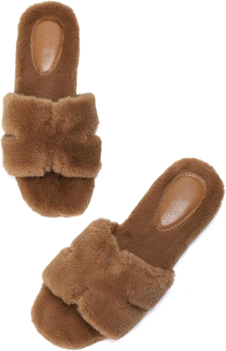 Stratuxx Kaze Womens Fur Slippers Comfy House Slide Sandals Open Toe Memory Foam Indoor Fluffy Slippers for Women