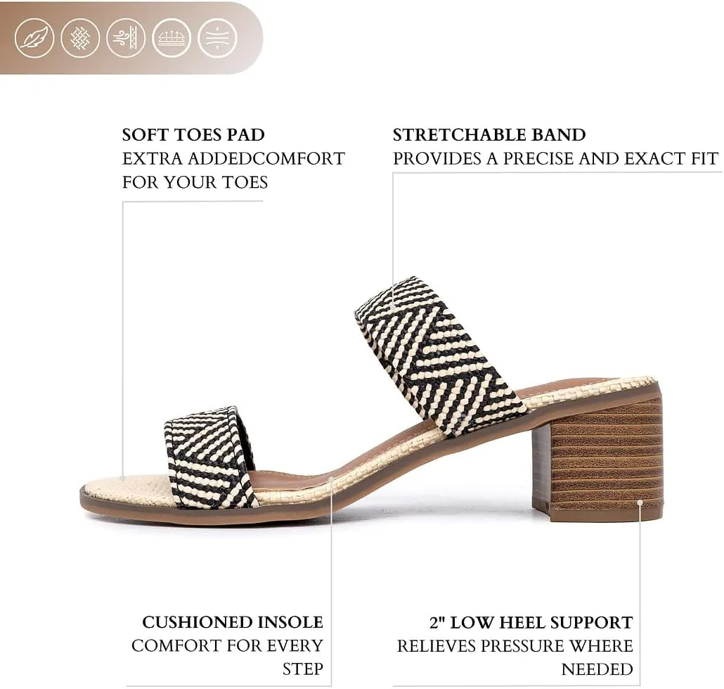 Sugar Women's Heeled Two Band Slide Sandal: Square Open Toe, Low Block Chunky Heels, Slip-On Comfort - Halo