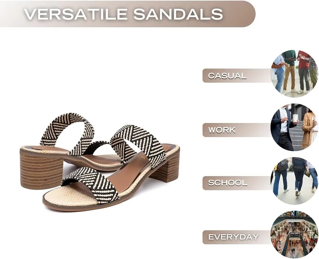 Sugar Women's Heeled Two Band Slide Sandal: Square Open Toe, Low Block Chunky Heels, Slip-On Comfort - Halo