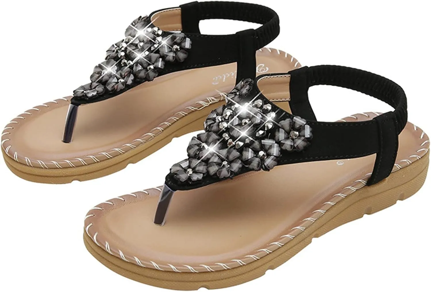 Summer Fashion Rhinestones T-Strap Sandals for Women Classic Strappy Thong Mid Platform Sandal Comfy Walking Footwear