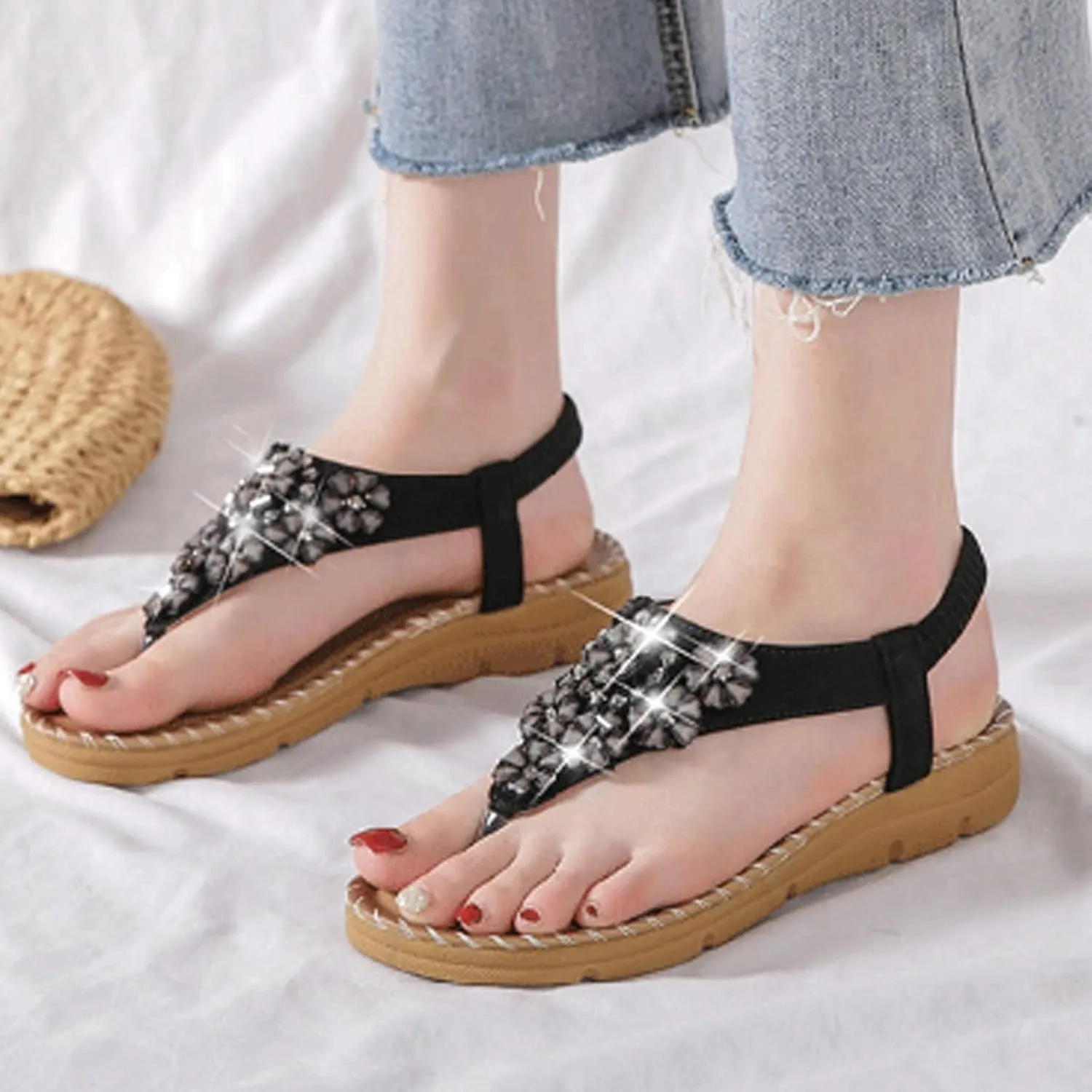 Summer Fashion Rhinestones T-Strap Sandals for Women Classic Strappy Thong Mid Platform Sandal Comfy Walking Footwear