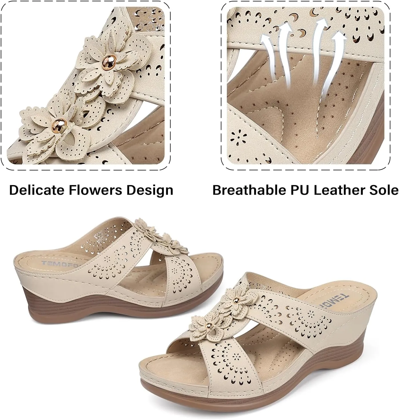 TEMOFON Womens Wedge Sandals Leather: Dressy Sandal, Rubber Sole, Comfortable Walking, Casual Slip on Summer Shoes, Size 5-11