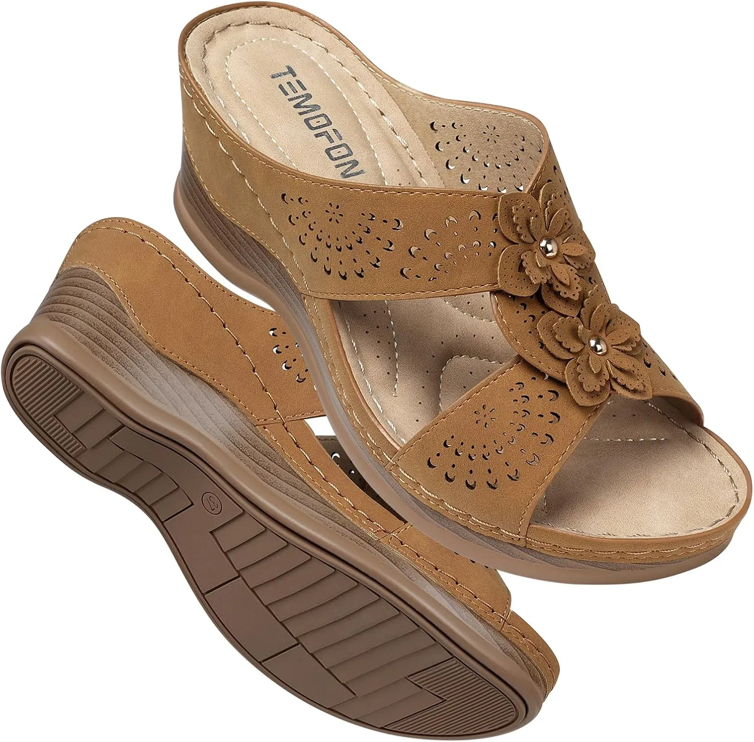 TEMOFON Womens Wedge Sandals Leather: Dressy Sandal, Rubber Sole, Comfortable Walking, Casual Slip on Summer Shoes, Size 5-11