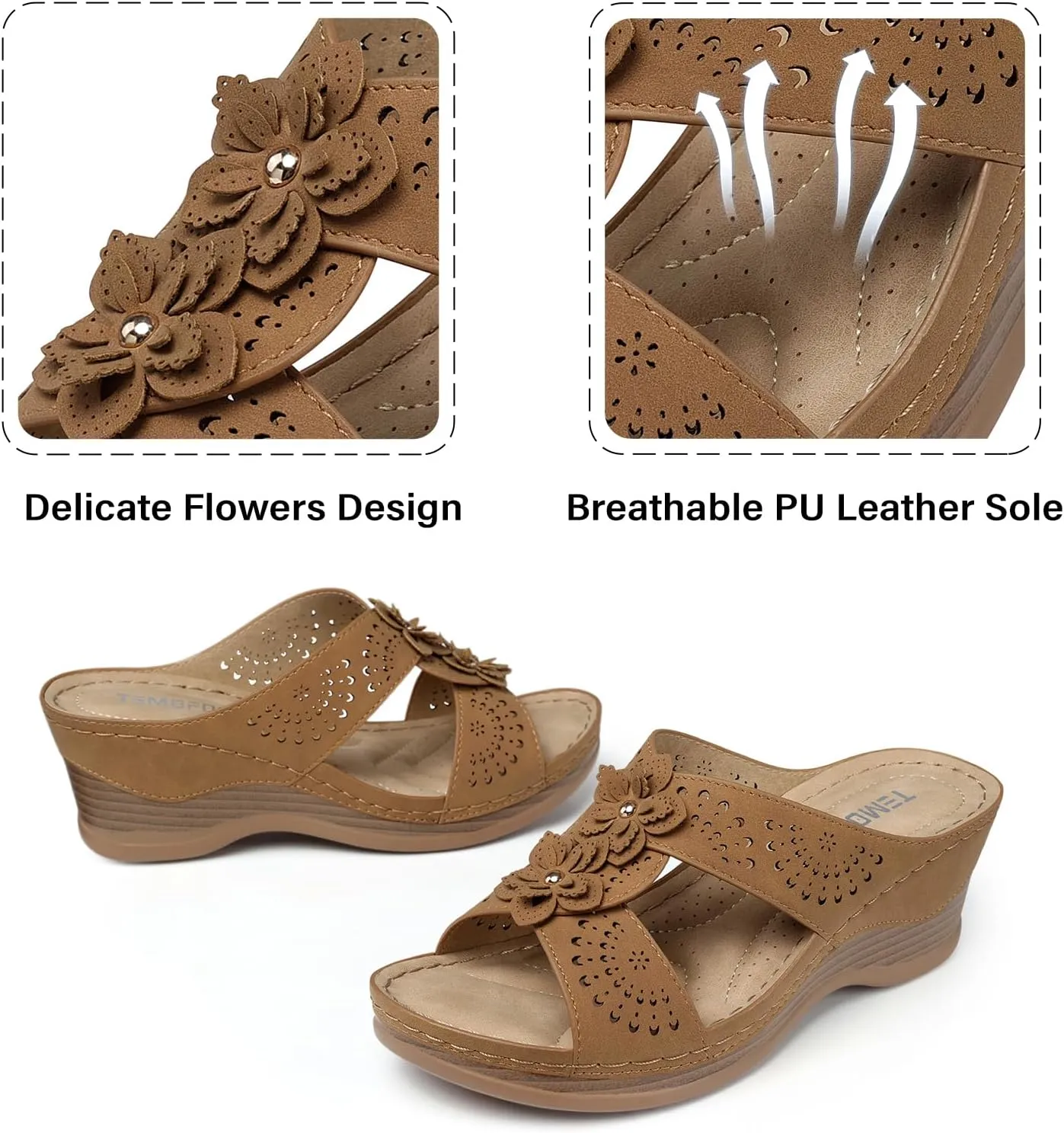 TEMOFON Womens Wedge Sandals Leather: Dressy Sandal, Rubber Sole, Comfortable Walking, Casual Slip on Summer Shoes, Size 5-11