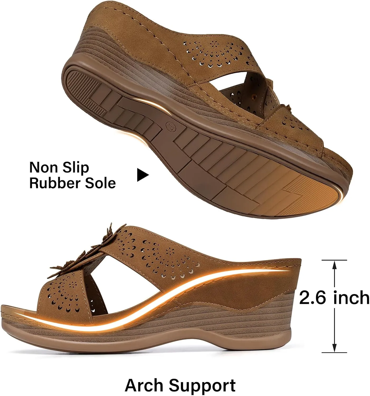 TEMOFON Womens Wedge Sandals Leather: Dressy Sandal, Rubber Sole, Comfortable Walking, Casual Slip on Summer Shoes, Size 5-11