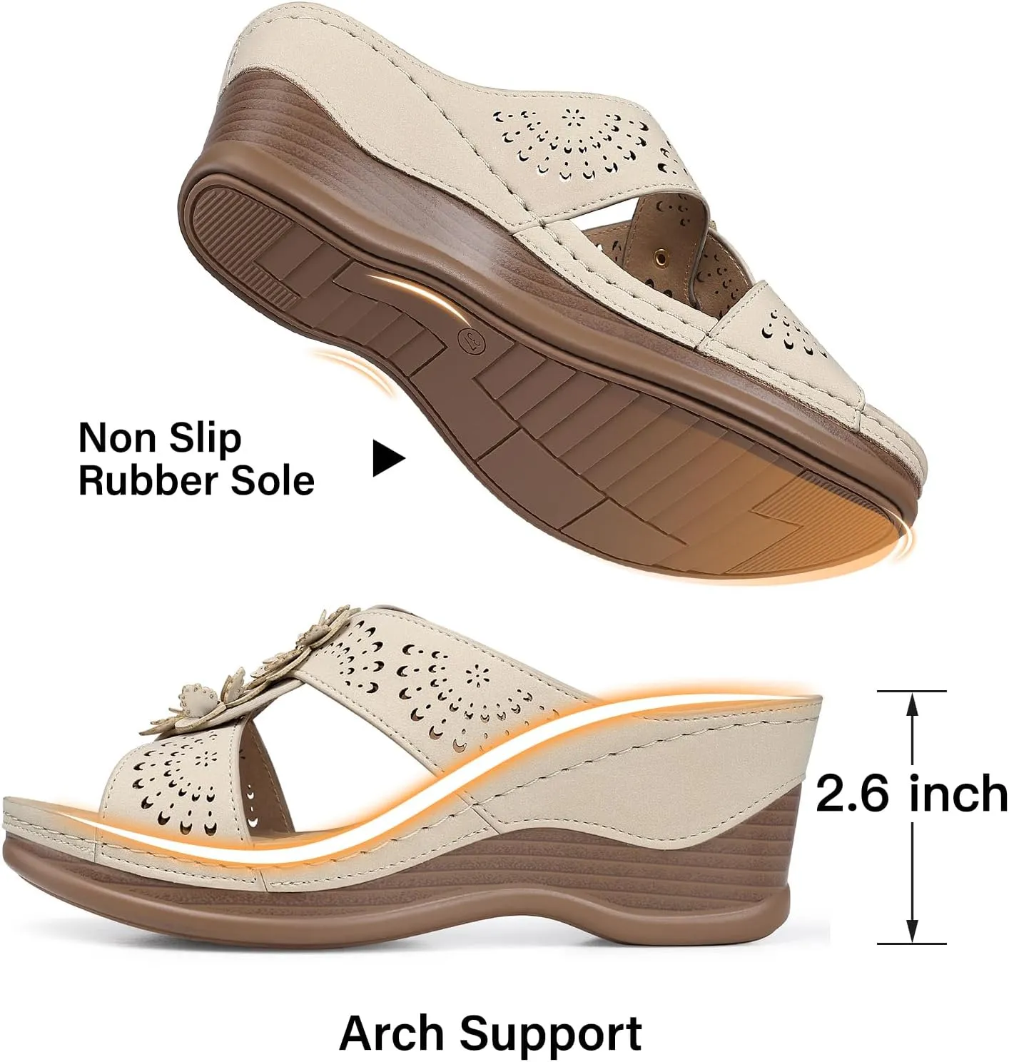 TEMOFON Womens Wedge Sandals Leather: Dressy Sandal, Rubber Sole, Comfortable Walking, Casual Slip on Summer Shoes, Size 5-11