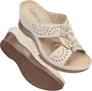 TEMOFON Womens Wedge Sandals Leather: Dressy Sandal, Rubber Sole, Comfortable Walking, Casual Slip on Summer Shoes, Size 5-11