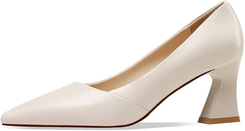 TinaCus Genuine Leather Women's Handmade Clear Pointed Toe Mid Spool Heel Slip On Elegant Office Pumps